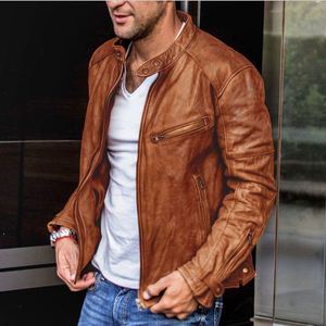2021 Outono e Inverno Novas Roupas De Couro Lavadas De Alto Grau Comércio Exterior Juventude Stand Collar Punk Motocicleta Jaqueta De Couro Homens - Product Image 5
