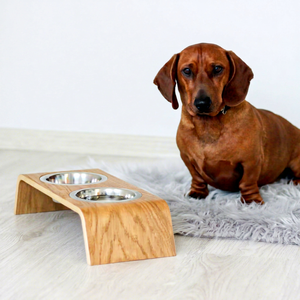 Soporte Elevado para Comedero de Mascotas de Madera de Roble y Nogal, Comedero Arqueado con Doble Tazón de Acero Inoxidable, Grabado Personalizado, OEM Vietnam - Product Image 1