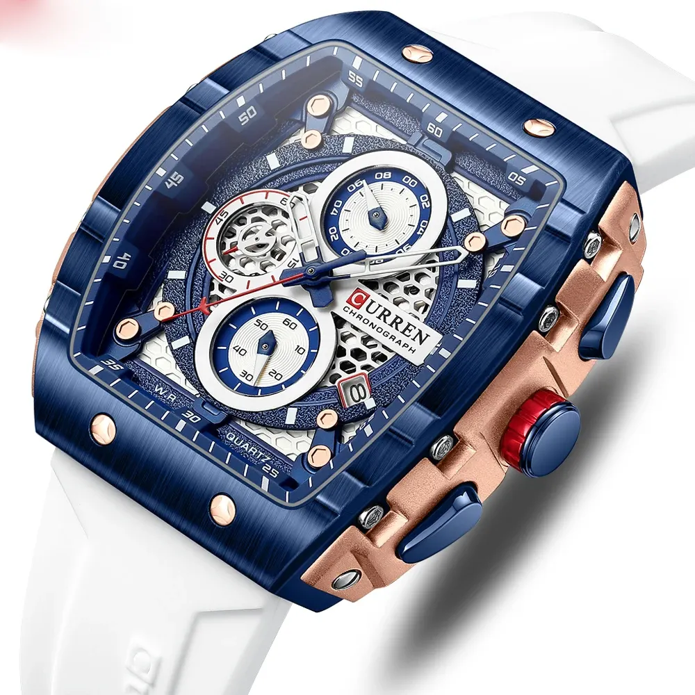 Curren Topmerk Heren Luxe Vierkant Quartz Horloge Met Datum Klok Waterdicht Lichtgevende Sport Chronograaf Horloge Voor Heren