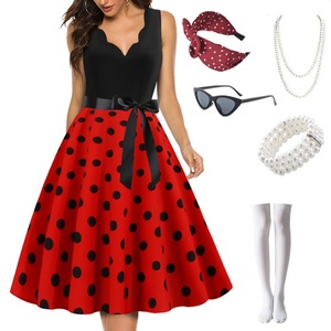 Abito estivo da donna Vintage a pois nero Pinup con scollo a V abiti da festa Rockabilly abiti al ginocchio Robe <span class=keywords><strong>Midi</strong></span> - Product Image 2