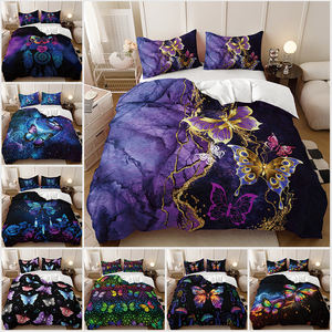 Ensemble de housse de couette imprimée avec des animaux de dessin animé modernes en 3D, 100% polyester, papillon, <span class=keywords><strong>extra</strong></span> <span class=keywords><strong>large</strong></span>, violet doré, literie - Product Image 2