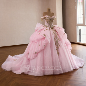 261019 Exquisite <b>Pink</b> <b>Tassel</b> Quinceanera Ball Gown <b>Dress</b> Golden Lace Beading Crystal Natural Waistline Chapel Train Party - Product Image 3