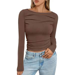 À la mode 2025 femmes à manches longues affaires décontracté hauts reine taille ajusté culture tenues mignon froncé bateau cou reine taille ajusté culture - Product Image 3