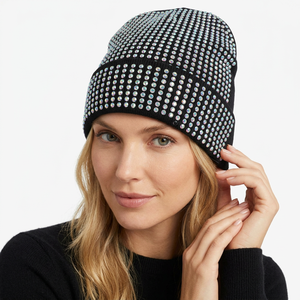 Designer Winter Jacquard Beanie <b>Hat</b> Faux Fur Pom Pom Soft Warm Knit Cap Rhinestones Stretchable 100% Cotton Breathable - Product Image 1