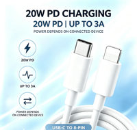Kabel Data Pengisian Daya 20W PD USB C ke 8-Pin 3A TPE Lembut USB 2.0 480Mbps 1M 1.5M 2M Grosir