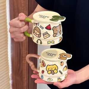 Cute Animal Graffiti <b>Ceramic</b> <b>Mug</b> With Lid, High Aesthetic Lovely Water Cup for Girls Students Office Daily Use - Product Image 1