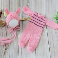 Beige nouveau-né photographie chapeau barboteuse tricot à la main pâques grande oreille lapin tenue noël ours combinaison bébé Photo tir accessoire