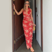 Robe longue sexy à col halter profond en V et volants pour femme, sans manches, dos nu, taille haute, moulante, imprimé floral, ensemble formel