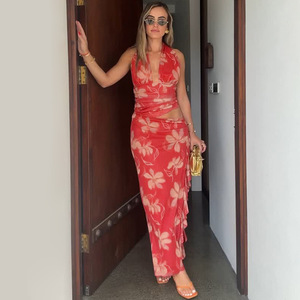 Vestido Maxi Sexy con Cuello Halter en V Profundo y Volantes para Mujer, sin Mangas, sin Espalda, de Cintura Alta, Ajustado, Estampado, para Club - Product Image 3