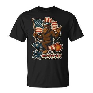 T-shirt unisexe Bigfoot Rock Merica avec drapeau américain patriotique pour le 4 juillet, col rond, manches courtes, promotionnel pour adultes - Product Image 1