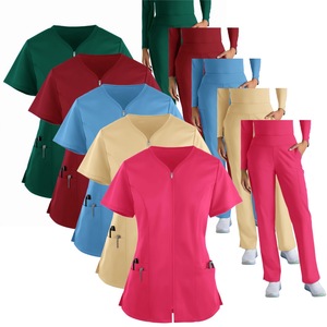 Women <b>Scrub</b> <b>Tops</b> Solid Color V Neck Short Sleeve Polyester Hospital Uniforms for Medical Workwear with Front Zip and Pockets - Product Image 1