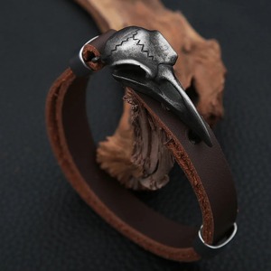 yunnique Crow Skull Leather Bracelet Men's Punk Rock Jewelry Tibetan Silver Animal Shape Casual Wearable <b>Accessory</b> - Product Image 3