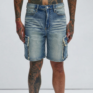 Shorts de Mezclilla Desgastados de Cintura Alta para Hombre con Bolsillos Tipo Cargo, Ropa Casual de Verano - Product Image 1