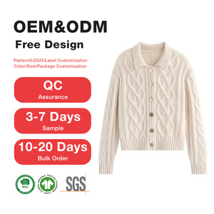 Maglione <span class=keywords><strong>Donna</strong></span> con Bottoni Frontali, Collo Risvoltato, Monopetto, Stile Casual, <span class=keywords><strong>Cardigan</strong></span> in Maglia a Treccia 100% <span class=keywords><strong>Lana</strong></span>, Servizio OEM ODM Disponibile - Product Image 1