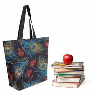 Bolso de mano elegante con plumas de pavo real, bolso grande de lona para el hombro, bolso de compras duradero y reutilizable - Product Image 5