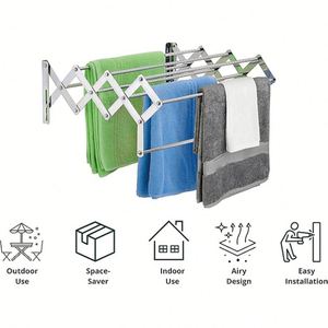 Fold-Away Movable Stainless Steel Wall Mounted Home Bathroom Balcony <b>Laundry</b> Clothes Airer Drying Rack Retractable Hanger Dryer - Product Image 2