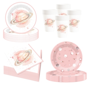 Artículos de Fiesta de Cumpleaños DAMAI Rosa Espacial, Platos, Servilletas y Vasos con Temática de Luna, Estrellas y Planetas del Espacio Exterior para Niñas, Baby Shower - Product Image 1