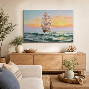 Dipinto a Olio 60x40cm di Nave a Vela Dipinto a Mano su <span class=keywords><strong>Tela</strong></span> di Cotone e Lino, Paesaggio Marino al Tramonto, Decorazione Murale per Casa e Hotel - Product Image 4