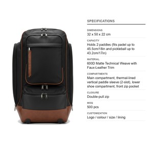 Pickleball Padel-Elegant Technical <b>Backpack</b> with Moulded Base Holds 2 Paddles with Vented Shoe Compartment 600D Matte Custom Log - Product Image 6
