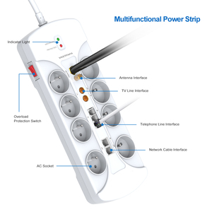 Multiprise anti-surtension Vastfafa 8 prises avec ports USB, prise Euro 16A 230V, en PC+ABS, câble 1,5m, multifonction 3C - Product Image 3