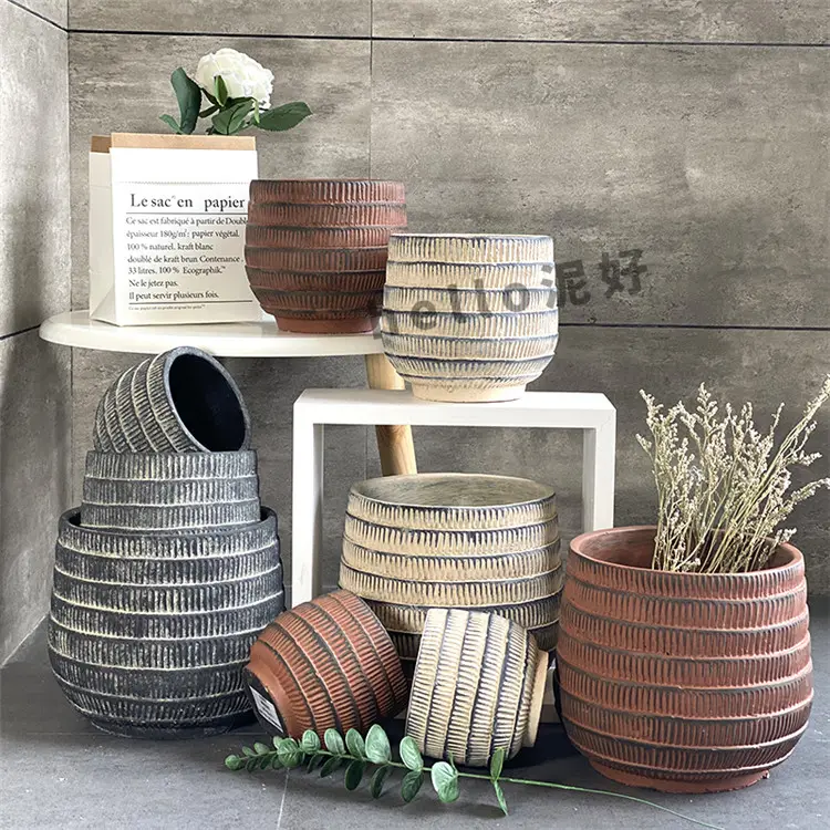 Commercio all'ingrosso all'ingrosso rustico struttura ruvida cemento decorativo grande piccolo bonsai succulente vaso pianta vasi da giardino e fioriere