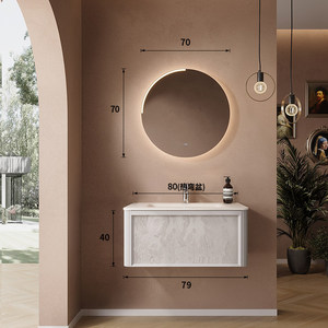French-style Luxury Stone Slab Hot-Curved Ceramic Integrated Basin Smart <b>Round</b> <b>Mirror</b> <b>Bathroom</b> Cabinet - Product Image 2