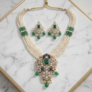 Luxury 925 Silver Beaded <b>Necklace</b> Set with Emerald Cut Stones and Seawater Pearls for Women Flower Pattern Strand - Product Image 2
