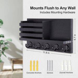 Wooden Wall Mounted <b>Shelf</b> Key Rack With <b>Hooks</b> For Entryway Mail Storage Rectangle Black - Product Image 3