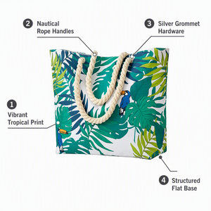 Sac fourre-tout en toile à imprimé tropical pour femme, grand sac à bandoulière personnalisé, réutilisable pour le shopping, les courses, le quotidien, la station balnéaire et les voyages, avec fermeture éclair - Product Image 4