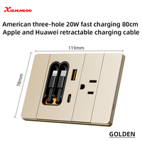 Cargador Rápido GaN de 20W con Cable Retráctil de 15A, Estándar Americano, Tres Orificios USB Tipo-C, Enchufe de Pared