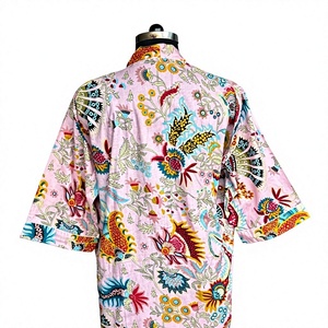 Pink Floral Botanical Print Bohemian Style Straight Silhouette 100% Cotton <b>Kimono</b> Robe Wrap Lounge Dressing Gown - Product Image 3