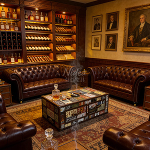 Divano Chesterfield in Vera Pelle Stile Industriale Americano per Hotel e Caffè, Set da 1, 2, 3 Posti, Combinazione per Soggiorno - Product Image 1