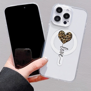 Coque de téléphone tendance imprimé léopard avec ballon cœur pour iPhone 16 15 17 Pro Max 14 13, coque arrière magnétique sans fil - Product Image 6