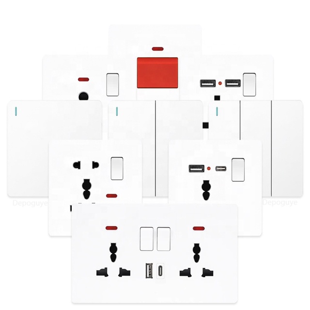 UK Standard Power Socket 13A Dual USB Plug Type-C Wall Outlet,1/2/3gang 2way Switch, White Universal 5pin Wall Electrical Socket
