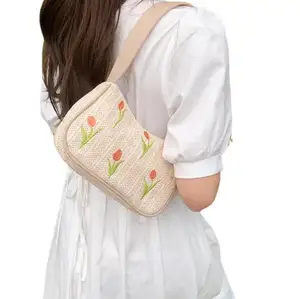 Korean Style Fashion Custom Sweet Embroidered Tulip Beach Purse Summer Woven Straw Beach Underarm Clutch