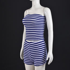 Viviblook Z310ST Conjunto de dos piezas para mujer, sexy, a rayas, sin mangas, sin tirantes, top corto, pantalones cortos, informal - Product Image 3