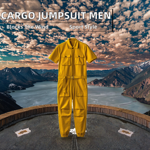 RTS <b>Mens</b> High Sporty Cargo Jumpsuit Cotton <b>Overalls</b> Short Sleeve Lapel Beam Feet Trousers Hip Hop Streetwear Loose Button Fly - Product Image 2