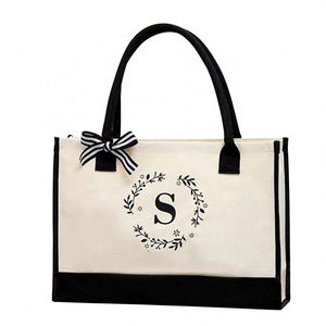 Nouveau sac fourre-tout en toile personnalisé avec dentelle et initiale, avec emplacement vierge et logo imprimé - Product Image 1