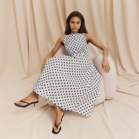 Robe longue trapèze sans manches à pois vintage, col rond, taille haute, tissée, élégante, effet froissé, OEM/ODM 3975