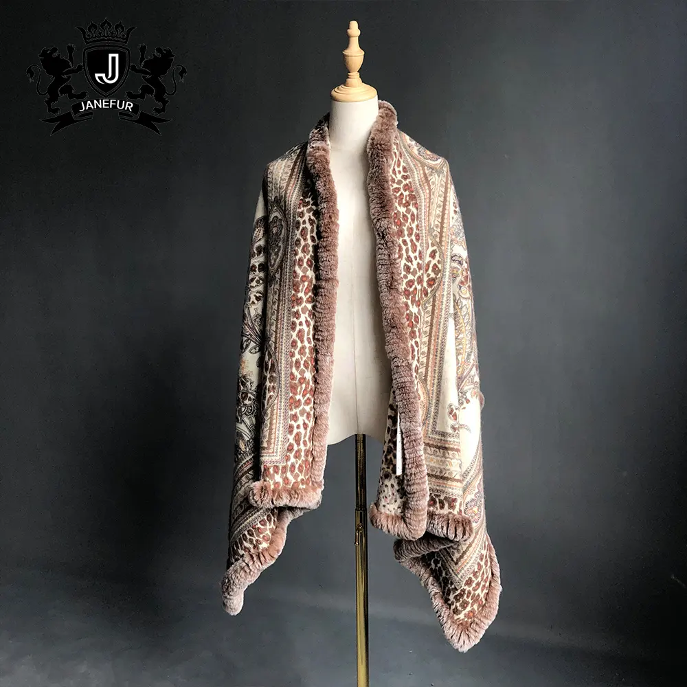 New Fashion pure cashmere shawls rabbit fur trim pashmina printed shawl for girls