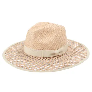 Toptan yaz kadın plaj el yapımı Premium üstün caz şapka kalite kadınlar için rafya hasır Panama şapka oymak