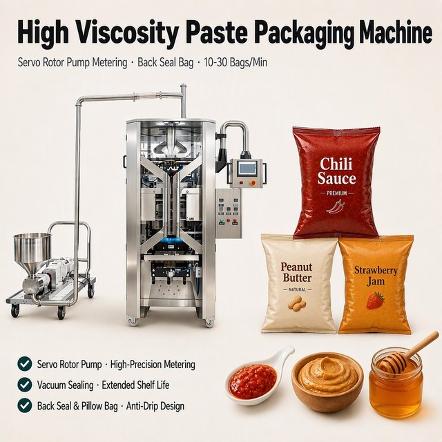 Automatic High Viscosity Paste Packaging Machine 10-30 Bags/Min Rotor Pump Jam Sauce Meat Paste Bean Paste SUS304 CE