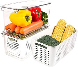 Food Storage Containers Fridge Stackable Refrigerator Organizer Bins Baskets with Lids and Removable Drain Basket