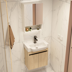 Mobile <span class=keywords><strong>bagno</strong></span> a parete in alluminio a nido d'ape con finitura in fibra di carbonio rovere chiaro, maniglia a incasso, specchio LED intelligente e <span class=keywords><strong>mensola</strong></span> aperta - Product Image 4