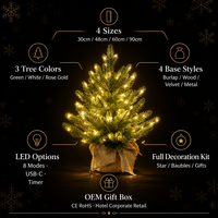 Mini Árbol de Navidad de PE de 48 cm con Luces LED Blanco Cálido, 8 Modos, USB, Tamaño y Color Personalizables, Base con Caja de Regalo, para Hoteles, Empresas, OEM, Venta al por Mayor, CE