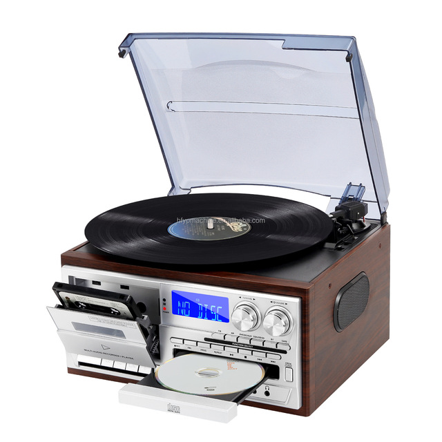 G30145 Wooden 9 in One LP Record Player USB CD Tape AM FM Radio Phonograph Blue Tooth Vinyl Turntable With Speakers