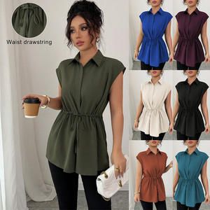 Camisa de Poliéster con Cuello en V, Manga Corta, Color Sólido, Estilo Coreano, Elegante, Transpirable, con Cordón Ajustable en la Cintura, para Mujer de Oficina - Product Image 2