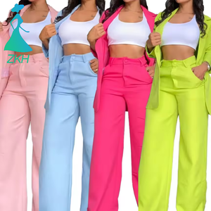 Fashionable 2026 <strong>Women</strong> <strong>s</strong> Solid Color Suit <strong>Set</strong> with Split Sleeve Detail Lapel Collar and Straight Leg Trousers - Product Image 1