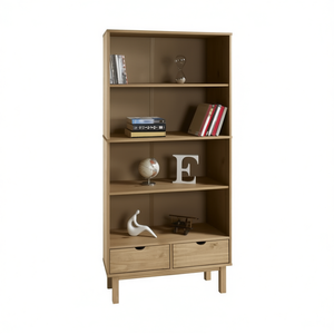 OTTA Brown Solid <b>Pine</b> Wood Bookcase 4 <b>Shelves</b> 2 Drawers Scandinavian Modern Living Room Furniture - Product Image 1