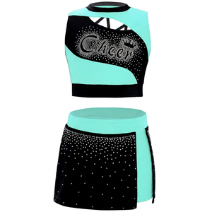 Conjunto de Dos Piezas para Animadoras, Color Verde Menta y Negro, Top Corto con Pedrería y Falda sin Mangas, Cintura Elástica, Ropa de Baile para Entrenamiento - Product Image 1
